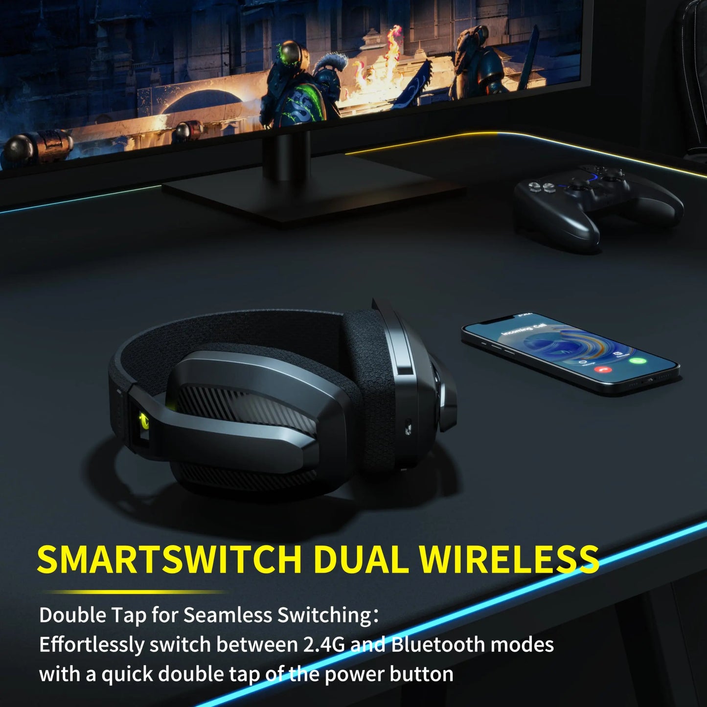 BINNUNE 2.4Ghz Wireless Gaming Headset with Mic for PS5 PS4 PC Mac Playstation Bluetooth Gaming Headset with Microphone